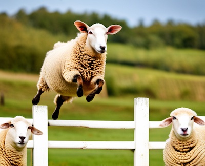 sheep jumping over a fence